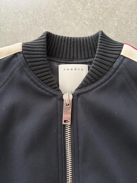 Sandro Navy Bomber Jacket with Red and Cream Striped Sleeves - Picture 2 of 8